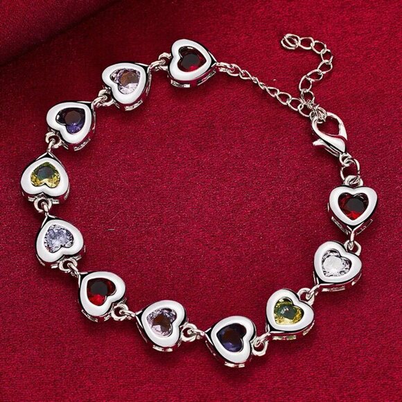 Multi color heart chain bracelet 925 sterling silver 8” adjustable - Picture 3 of 8
